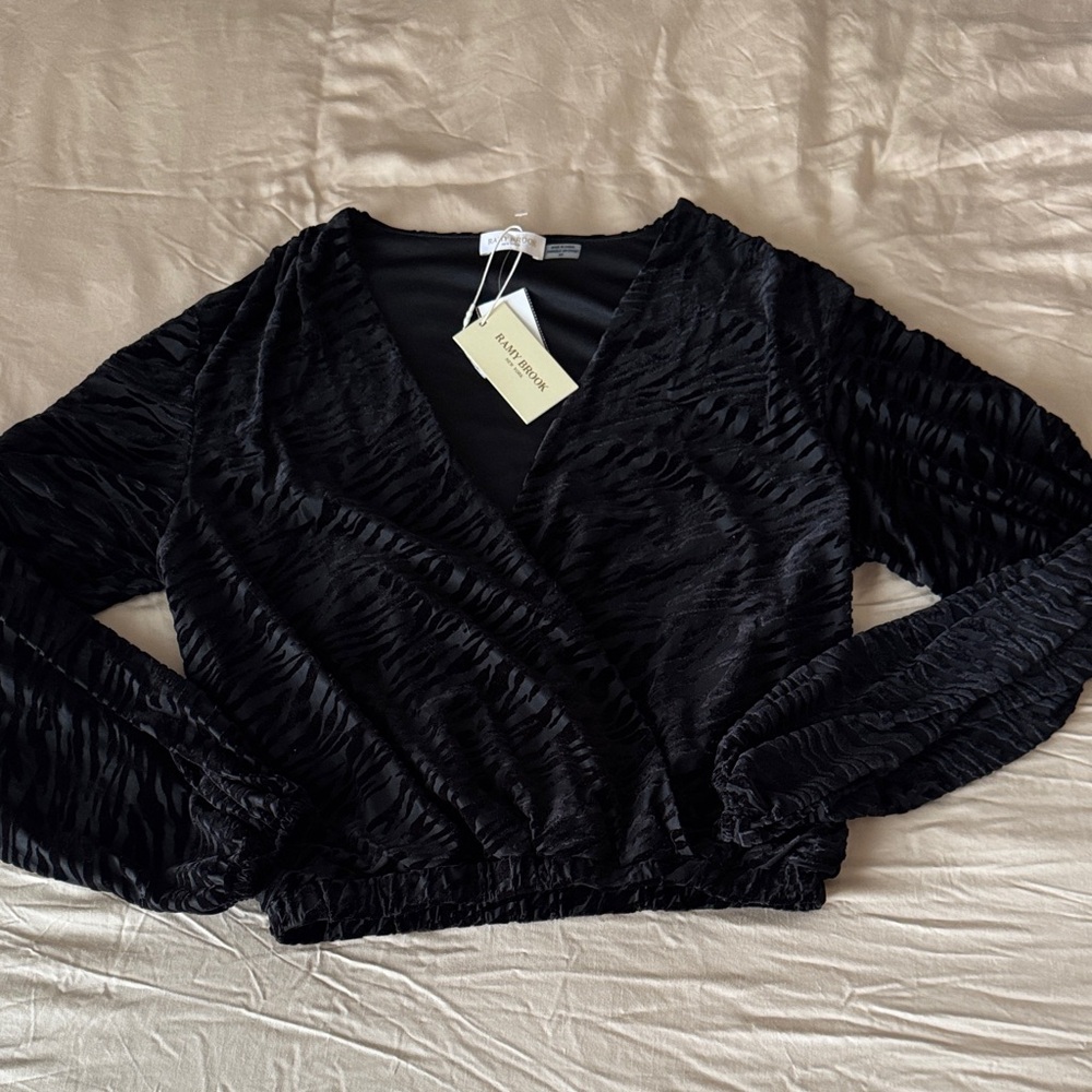 Ramy Brook Black Textured V-Neck Blouse